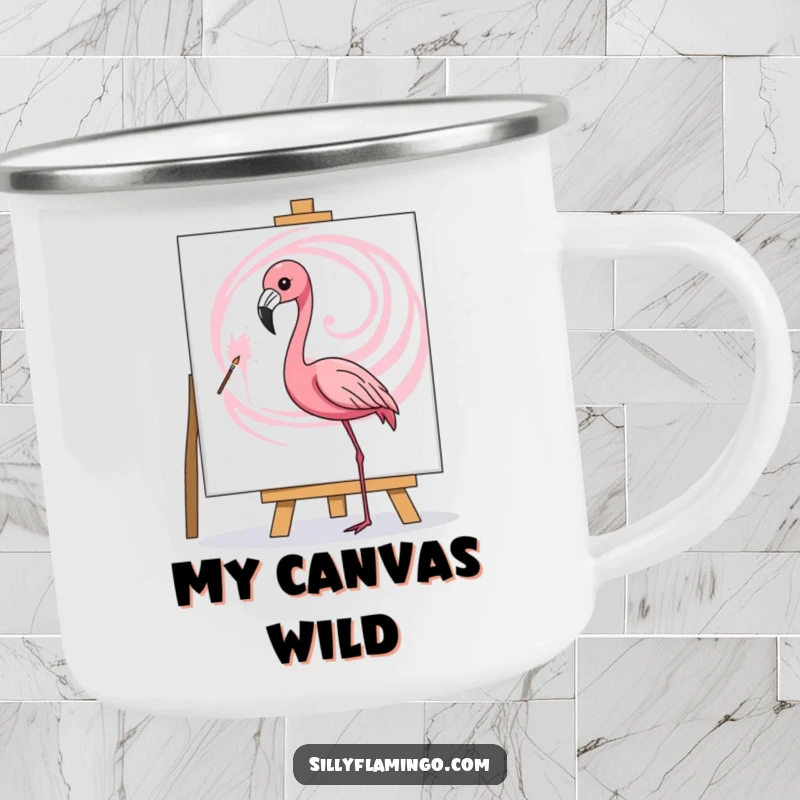 Funny camping mug with a flamingo artistically painting a pink swirl on a canvas, perfect for outdoor creativity.