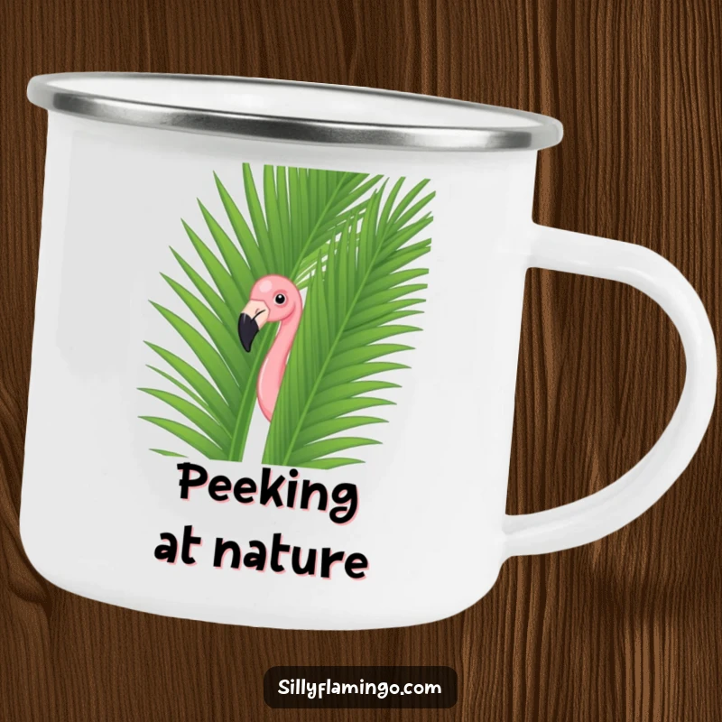Funny flamingo peeking from a palm leaf on a rustic camping mug, ideal for outdoor enthusiasts who love humor.