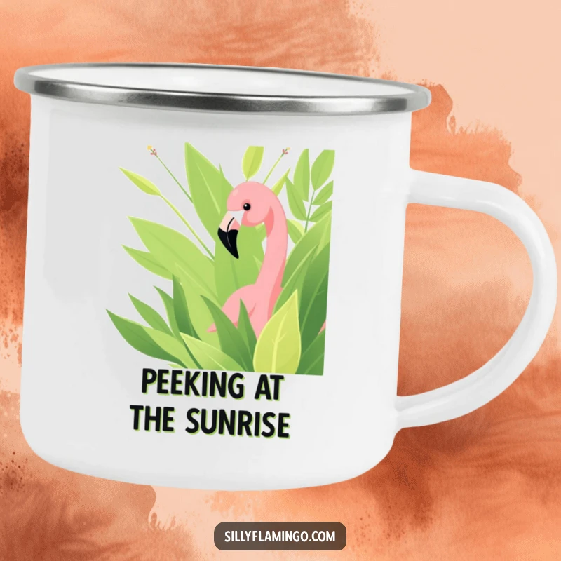 Funny camping mug featuring a flamingo curiously peeking from lush green foliage, designed for outdoor fun.