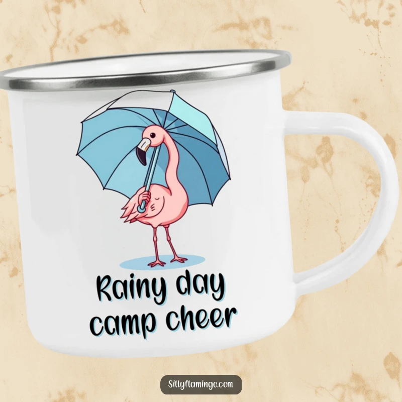 Funny kawaii flamingo camping mug showing a cute bird comically balancing an umbrella, perfect for outdoor enjoyment.