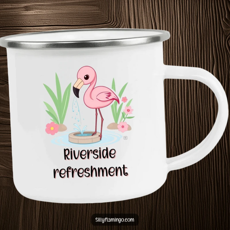 Funny Camping Mug featuring a flamingo playfully spraying water from its beak, creating a mini-fountain for outdoor enjoyment.