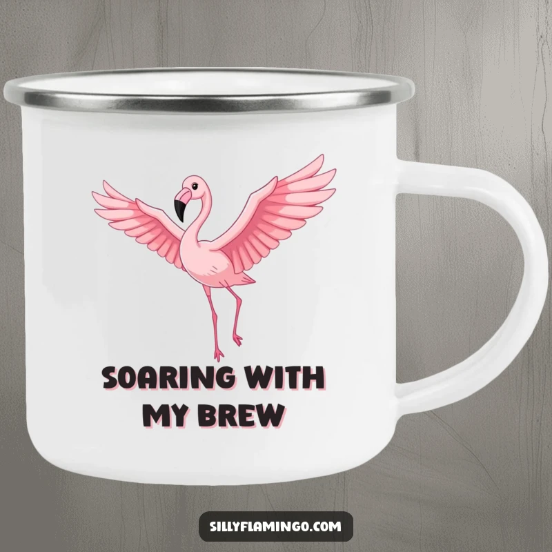 Funny Flamingo Camping Mug: A proud flamingo with outstretched wings soaring gracefully through a pink sky, ready for outdoor adventures.