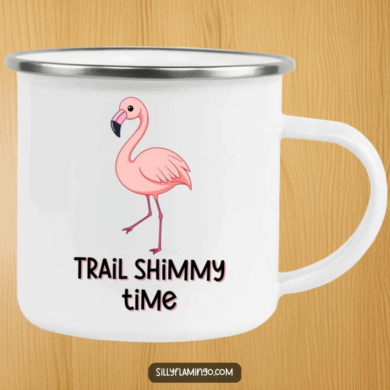Funny Flamingo Camping Mug: A flamingo joyfully performs a shimmy dance, durable and ready for fun. A humorous outdoor essential.