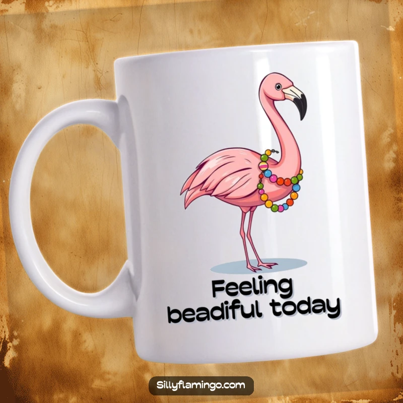 Funny mug featuring a stylish flamingo wearing a colorful garland of beads around its neck, adding festive charm.