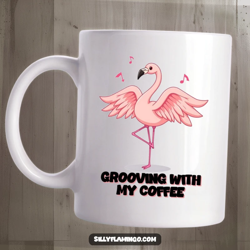 Funny flamingo mug featuring a pink flamingo elegantly dancing with flowing feathers, lost in the rhythm of unheard music.