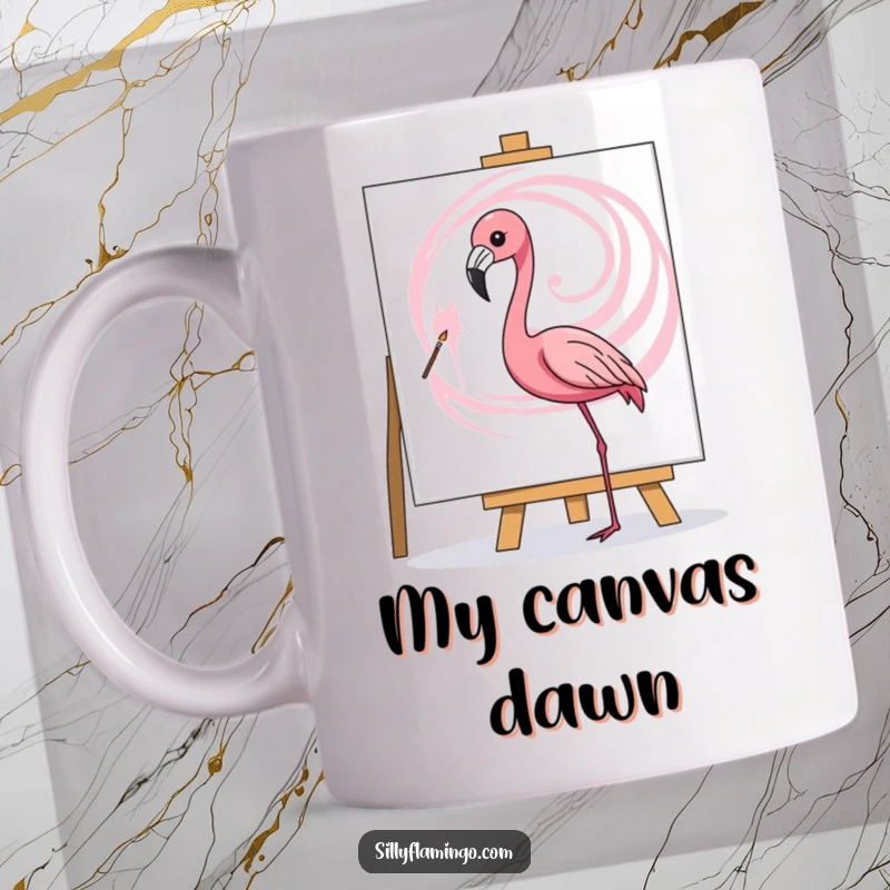 Funny mug showing a flamingo artistically painting a vibrant pink swirl on a blank canvas, celebrating creativity and art.