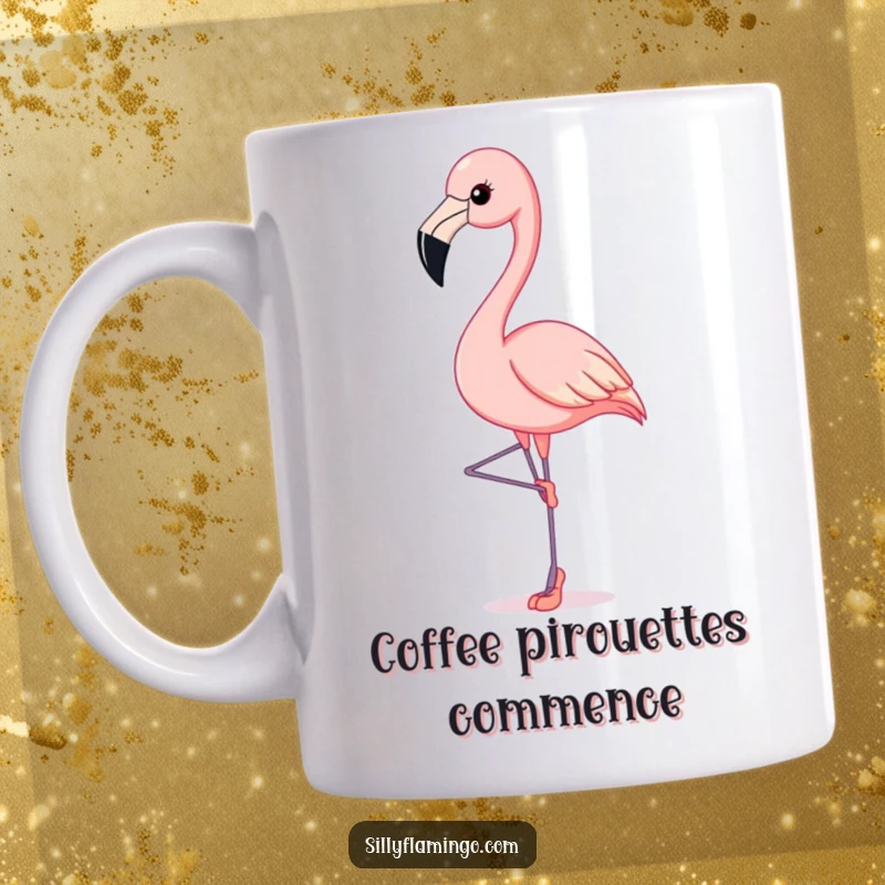 Funny Flamingo Mug: Flamingo gracefully balances on tiny ballet slippers, showcasing its elegant and comedic dance moves.