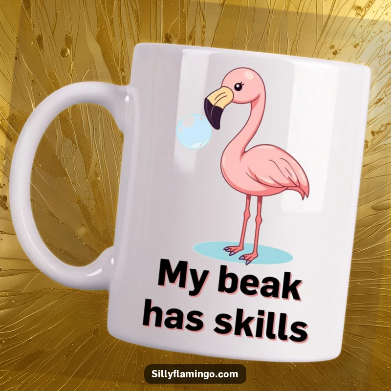 Funny flamingo mug as a cheerful bird blows a bubble with its beak, showcasing pure joy and playful spirit.