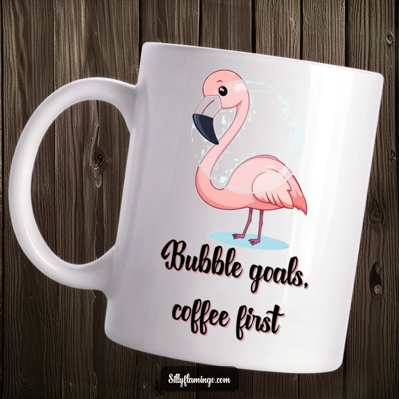 Funny Flamingo Mug: A flamingo humorously tries to blow a very large bubble, looking determined.