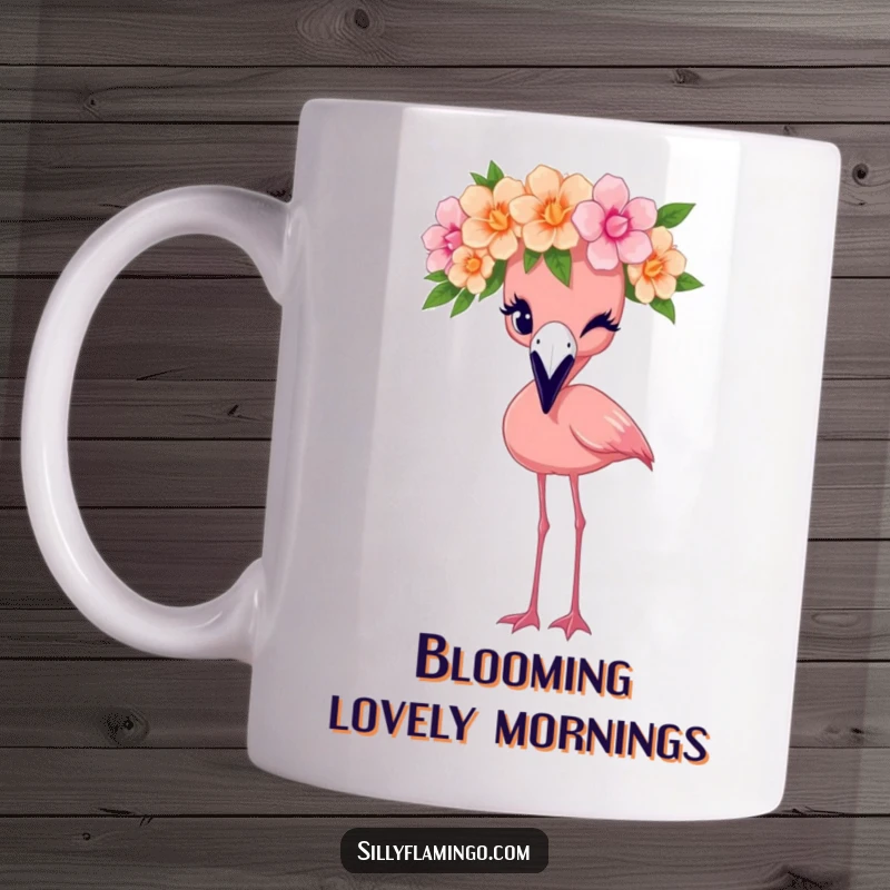 Funny flamingo mug featuring a charming bird wearing a flower crown and giving a playful wink, full of personality.