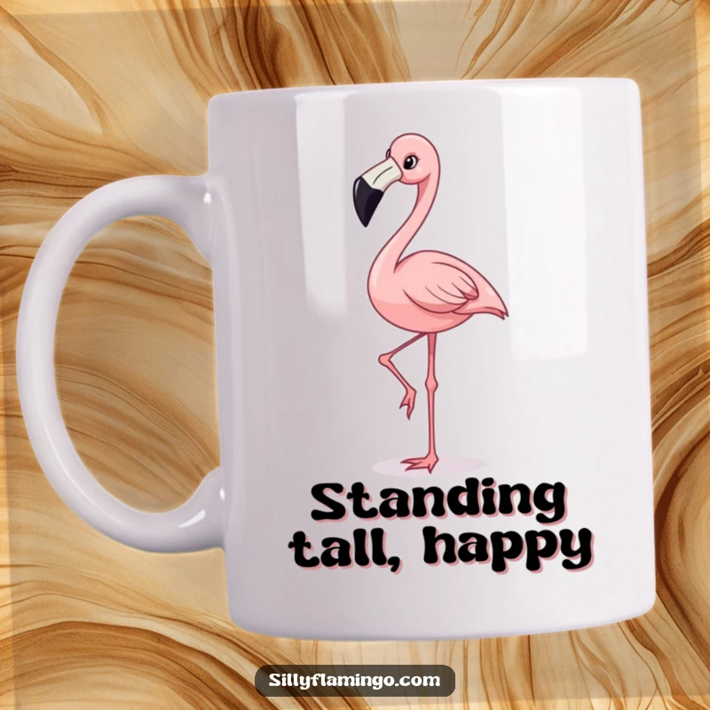 Funny mug featuring a happy flamingo with a wide grin, striking a graceful pose while elegantly balancing on one leg.