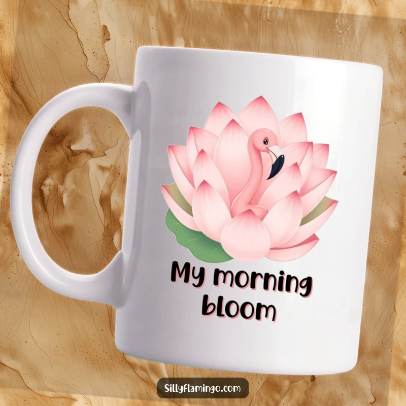 Funny mug with a playful flamingo peeking out from behind a large, blooming lotus flower, creating a delightful surprise.