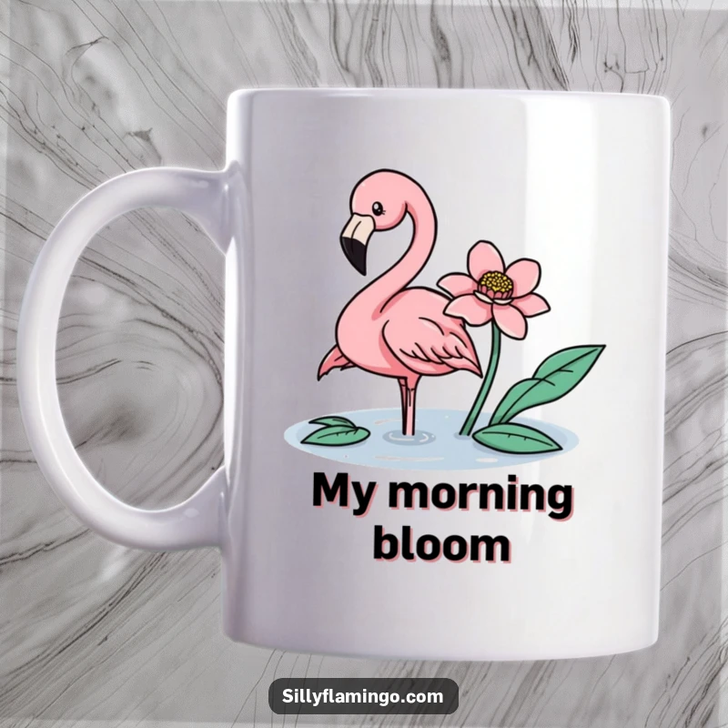 Funny flamingo gently nudging a floating flower with its beak on a charming mug.