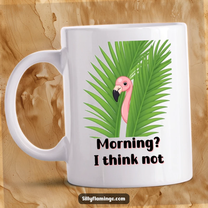 Funny flamingo peeking playfully from behind a lush green palm leaf on a vibrant mug, perfect for sunny personalities.