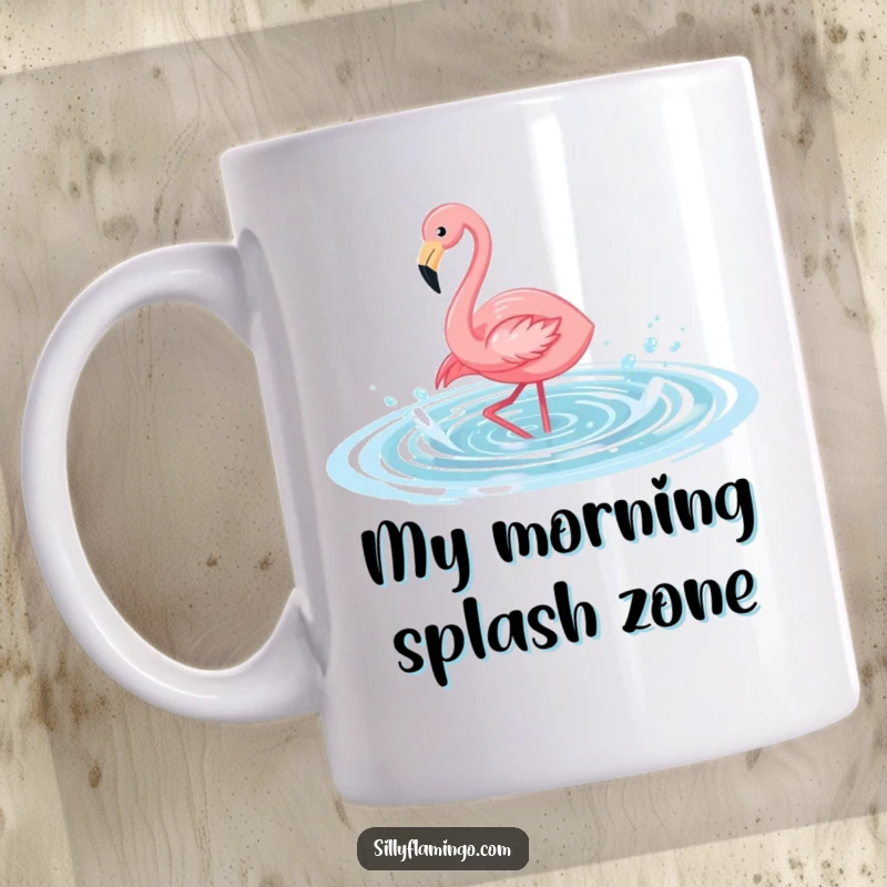 Funny flamingo mug depicting a joyful bird splashing playfully in a shimmering pool of clear blue water, radiating happiness.