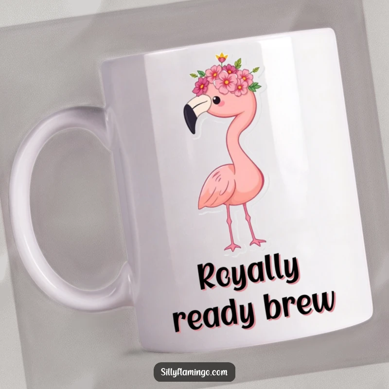 Funny flamingo mug, wearing a tiny flower crown, standing proudly with an elegant posture, exuding regality and charm, a perfect gift.