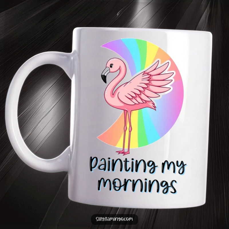 Funny flamingo mug showing a pink bird artistically creating a vibrant rainbow with the sweep of its wing, embodying creativity and joy.