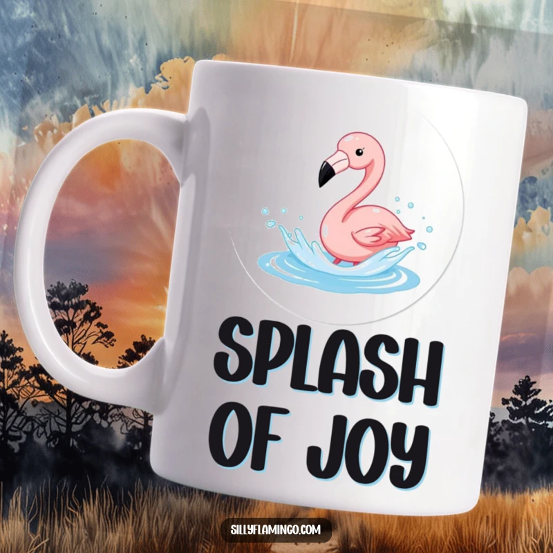 Funny Flamingo Splashing Mug showing a flamingo gleefully splashing in sparkling water, embodying pure joy and fun.