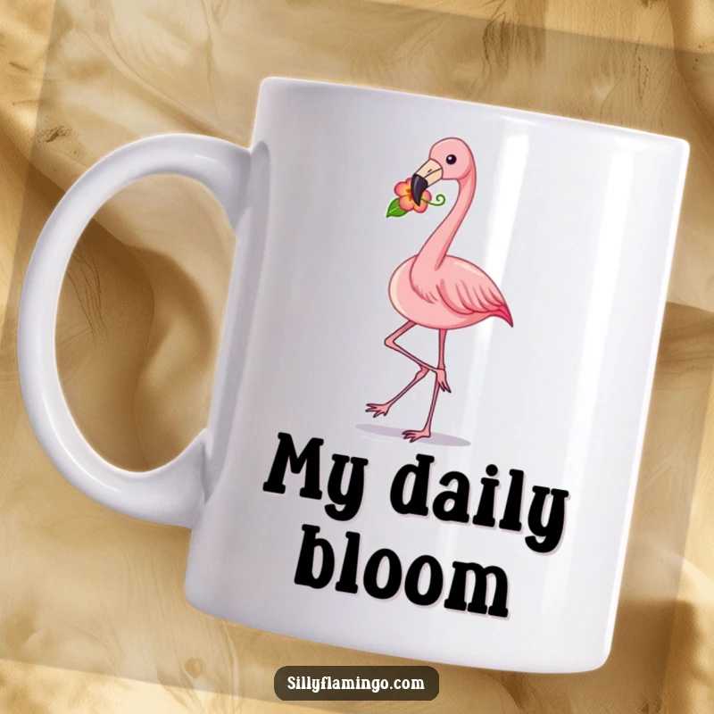 Funny flamingo mug featuring a pink bird strutting confidently with a colorful flower held delicately in its beak, exuding charm and humor.