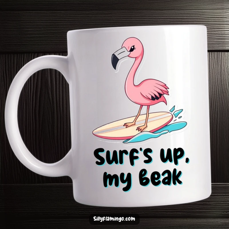 Funny flamingo mug of a pink bird winking while expertly riding a surfboard on a wave, capturing a playful and adventurous spirit.