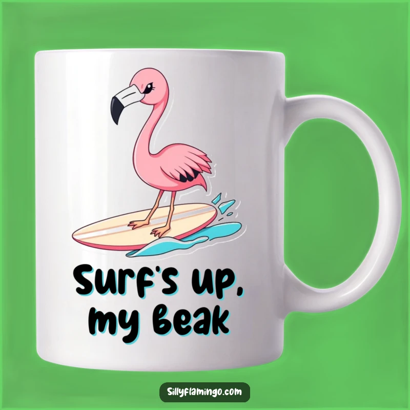 Funny Flamingo Surfer Mug: A Winking Pink Bird Riding Waves, Perfect Gift