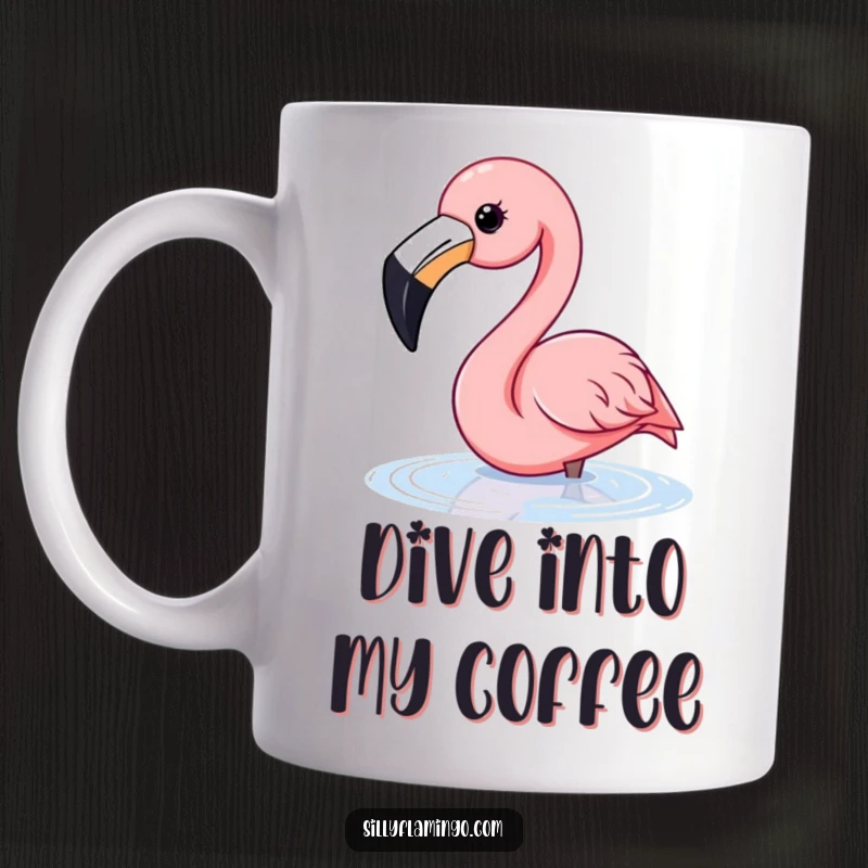 Funny flamingo mug showing a happy flamingo with a wide beak dipping its head into water for a drink.
