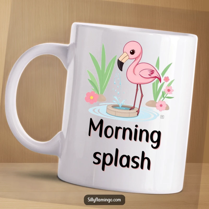 Funny Mug featuring a flamingo playfully spraying water from its beak, creating a delightful mini-fountain effect.
