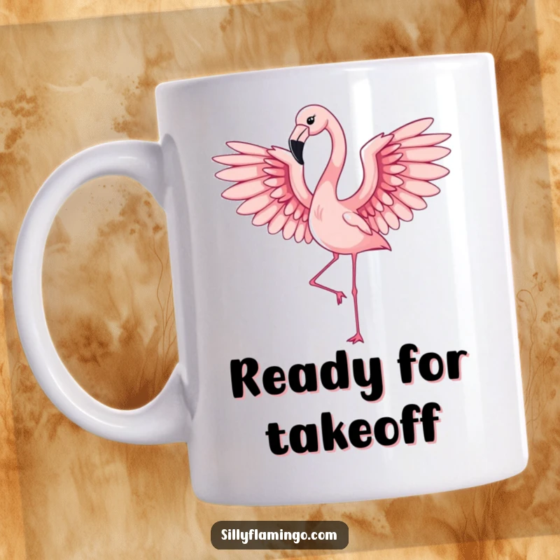 Funny flamingo with elegant wings spread wide in mid-flap, symbolizing freedom and grace on a coffee mug
