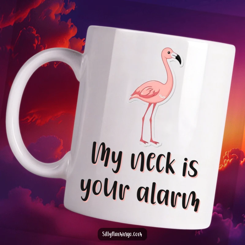 Funny flamingo mug showing a bird elegantly stretching its long neck upwards in a comical yoga pose, perfect for a laugh.