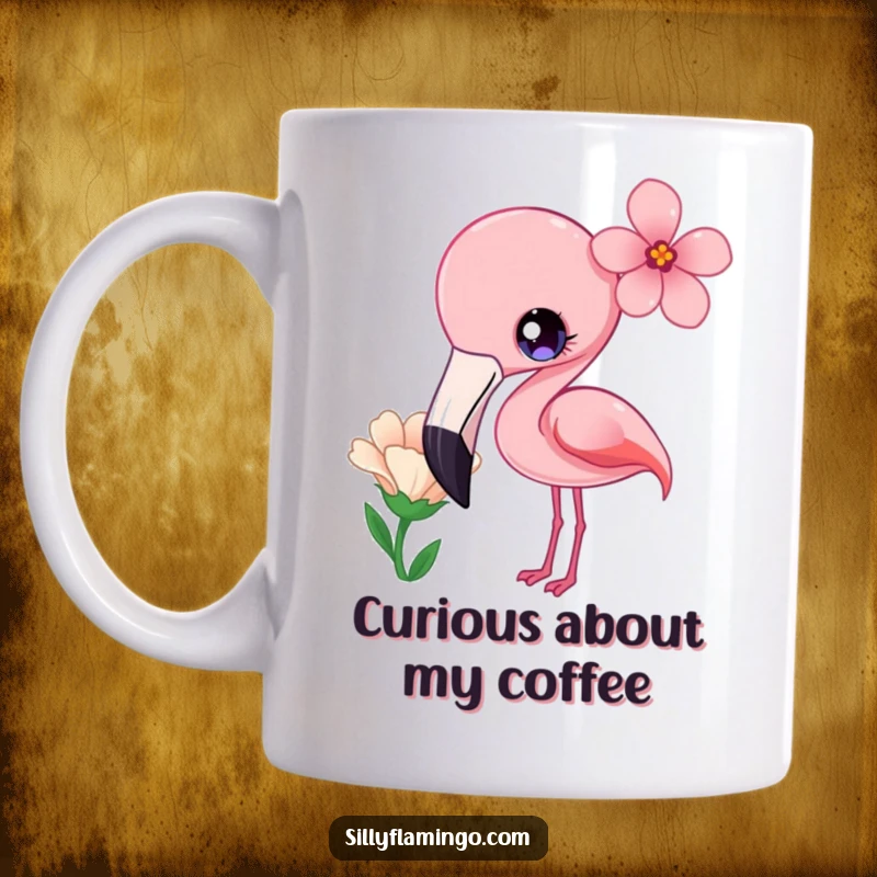 Funny Mug of a kawaii flamingo with bright eyes, curiously tilting its head at a flower.