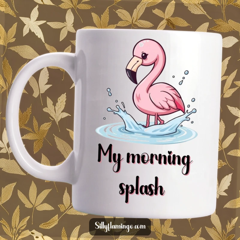 Funny Mug of a kawaii flamingo playfully splashing water with its beak, creating flying droplets.
