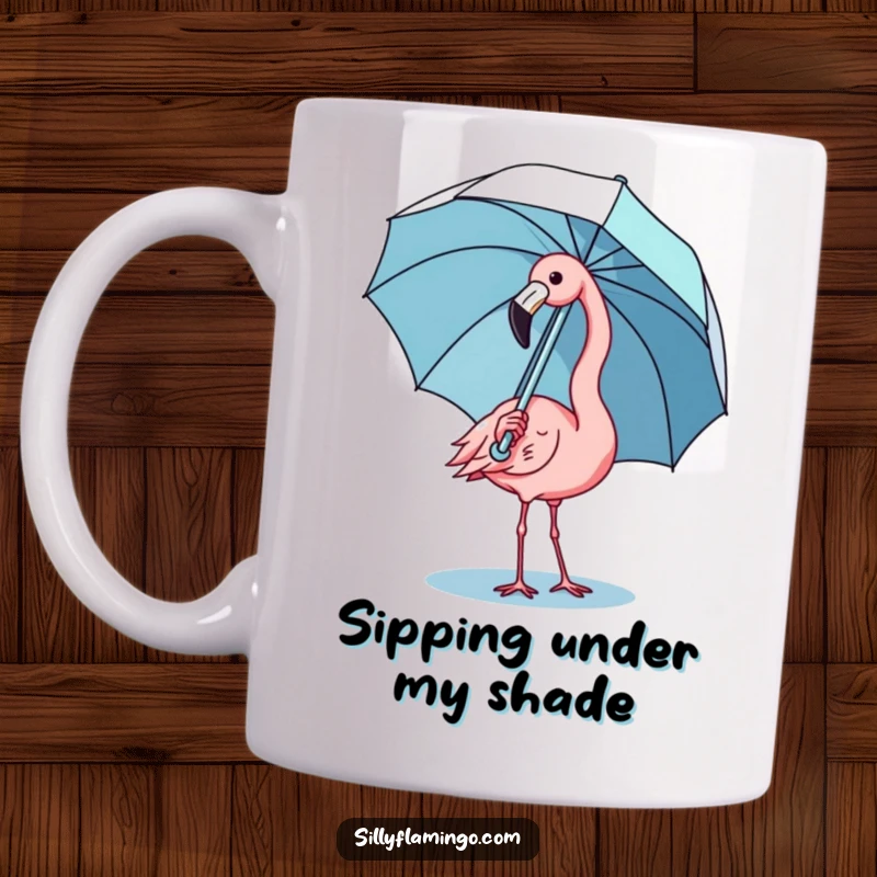 Funny kawaii flamingo mug shows a cute bird comically trying to balance an umbrella, exuding charm and humor.