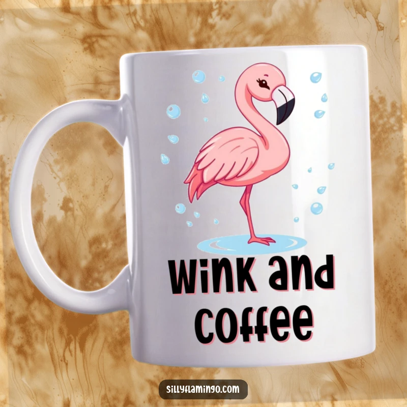 Funny flamingo with a cheerful wink, surrounded by sparkling water drops on a mug.