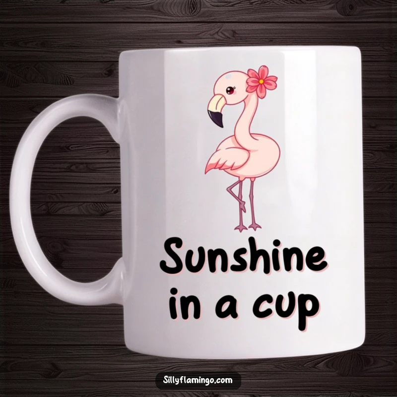 Happy flamingo mug featuring a cheerful bird with a flower behind its ear, joyfully bobbing its head.