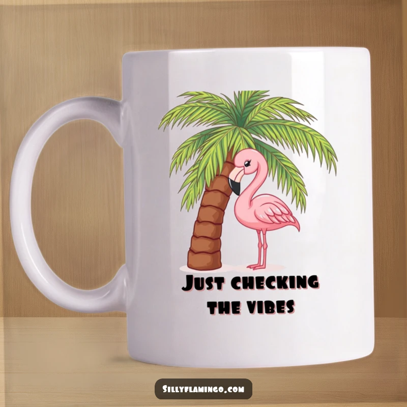 Funny mug featuring a curious pink flamingo peeking playfully from behind a lush green palm tree, embodying tropical mischief.