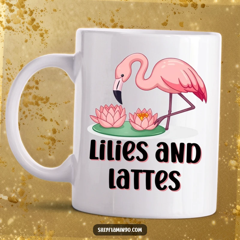 Funny flamingo happily pecking at a floating water lily, symbolizing peace and nature, perfect for a cheerful mug