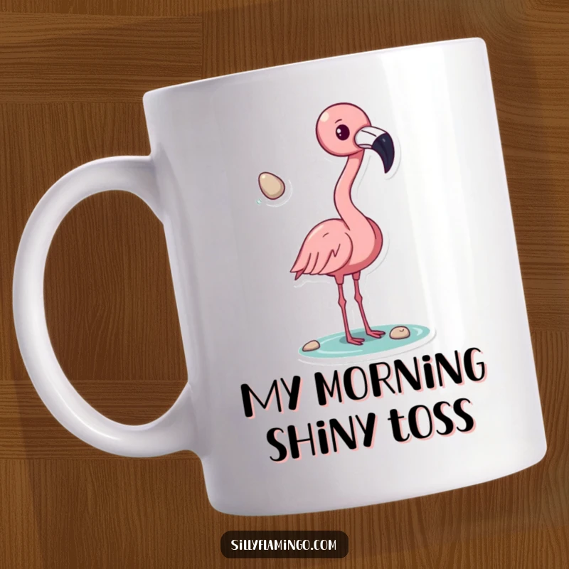 Funny flamingo mug, tossing a shiny pebble with its beak, showcasing a moment of playful mischief and unique bird behavior, a delightful gift.