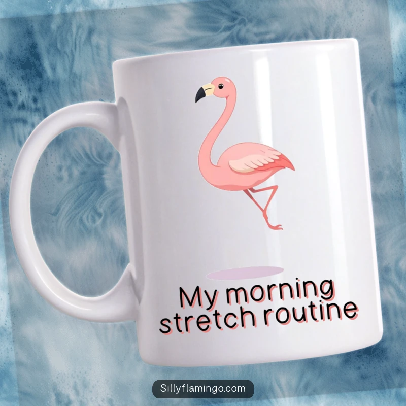 Funny mug featuring a flamingo with incredibly long legs mid-leap, showcasing its graceful yet comical stature.