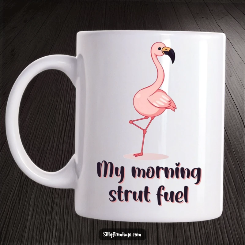 Funny flamingo mug with a joyful squawk, energetically kicking its legs in a hilarious dance pose, perfect for gifting.