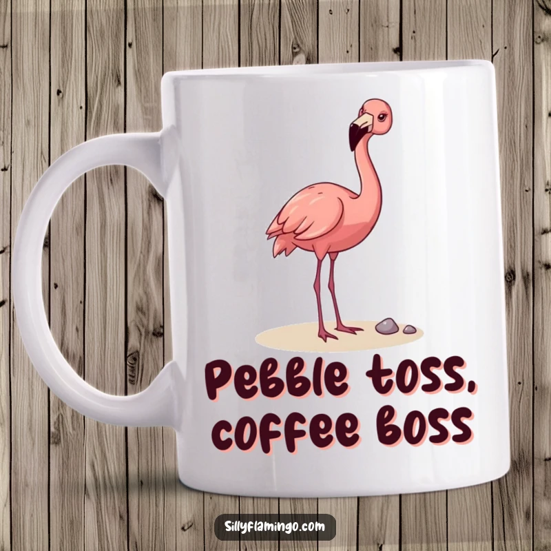 Funny Flamingo Mug: A cheerful flamingo joyfully tossing a pebble with its beak, embodying playful happiness and a hilarious, unique moment.
