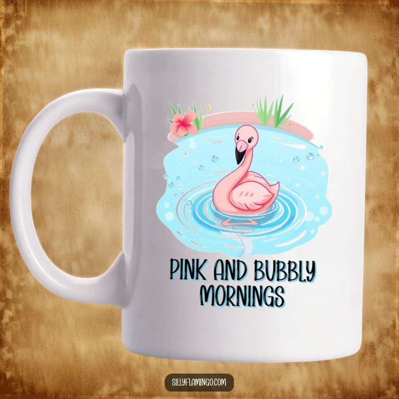 Funny flamingo mug showing a pink bird happily splashing with abandon in a sparkling, vibrant blue pond, radiating pure joy.