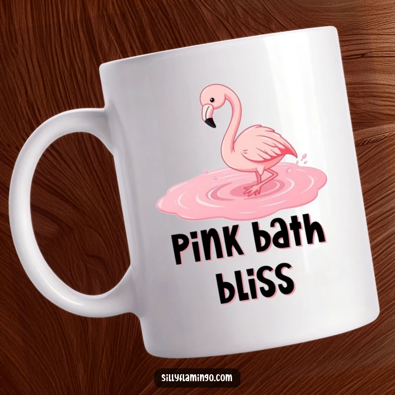 Funny flamingo mug showing a happy bird joyfully splashing in a vibrant pink puddle, full of playful energy.
