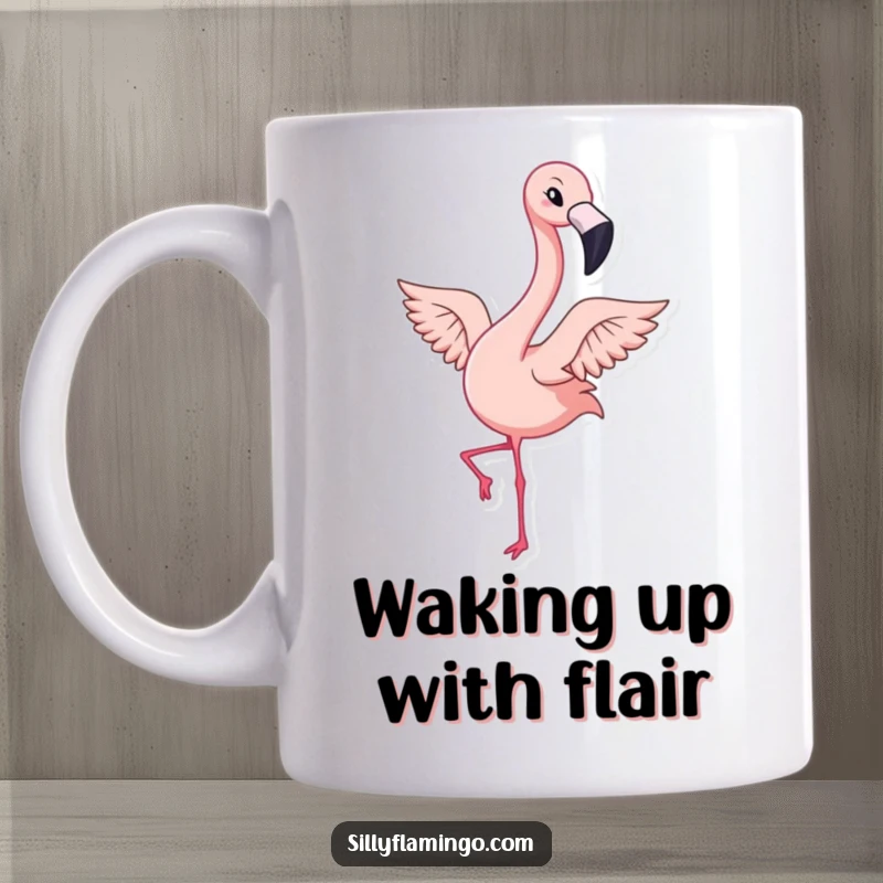 Funny mug with a kawaii flamingo character winking playfully while energetically flapping its wings.