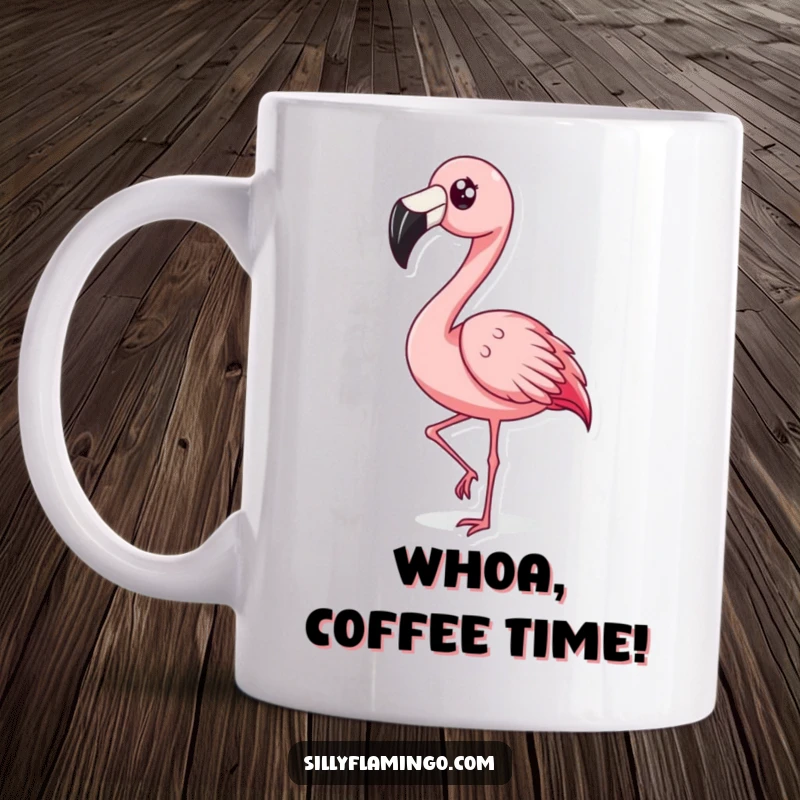 Funny Surprised Flamingo Mug: A flamingo with wide eyes and a shocked expression rapidly bobbing its head, captured in a moment of hilarious disbelief.