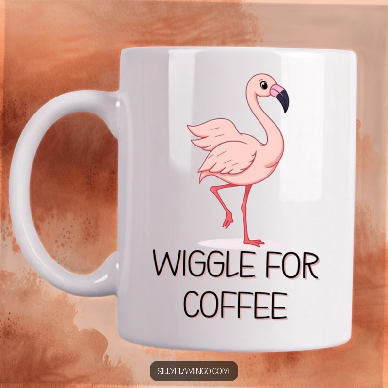 Funny mug featuring a joyful flamingo doing a silly wiggle dance with its colorful feathers fanned out, radiating happiness.