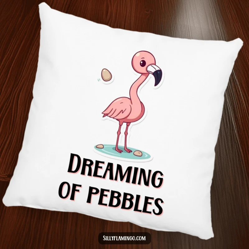 Funny flamingo decorative pillow, tossing a shiny pebble with its beak, a soft and humorous accent for sofas and beds, a charming gift.