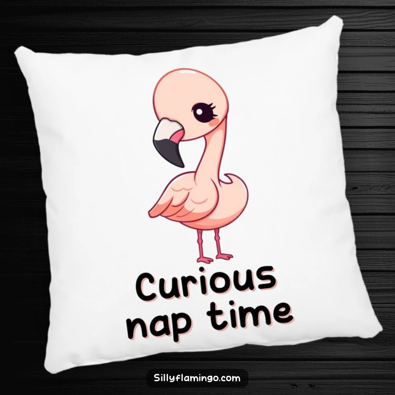 Funny Pillow showcasing a charming Kawaii flamingo character tilting its head and winking with an endearing and curious expression.