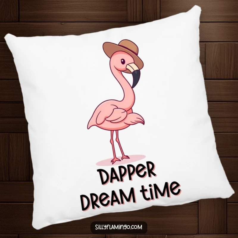 Funny flamingo pillow featuring a bird in a tiny hat, a humorous and cozy accent for any room.