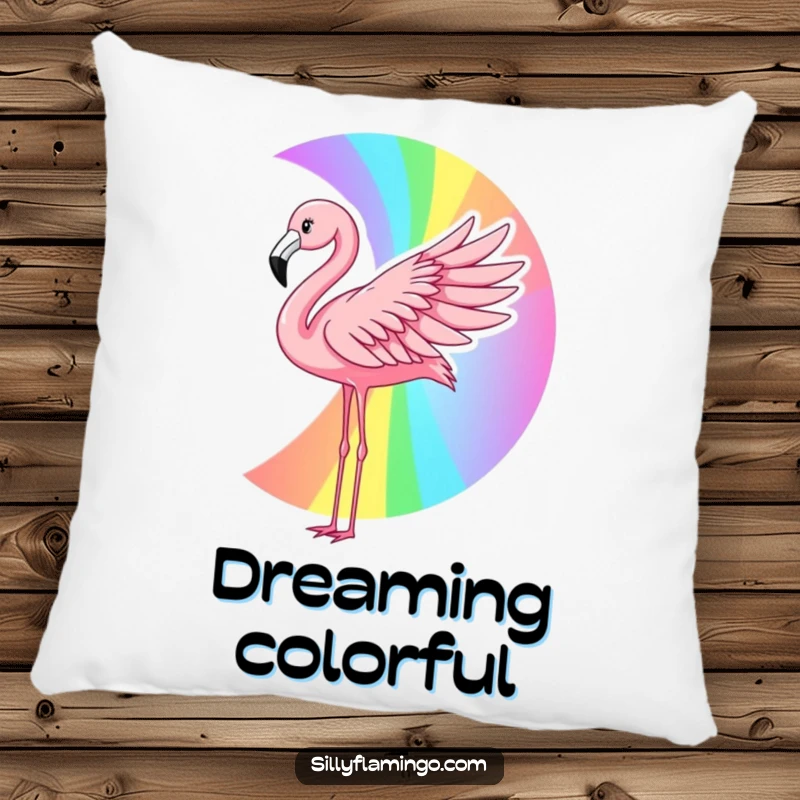 Funny flamingo rainbow pillow featuring a pink bird creating a rainbow with its wing, offering plush comfort and a humorous, artistic accent.
