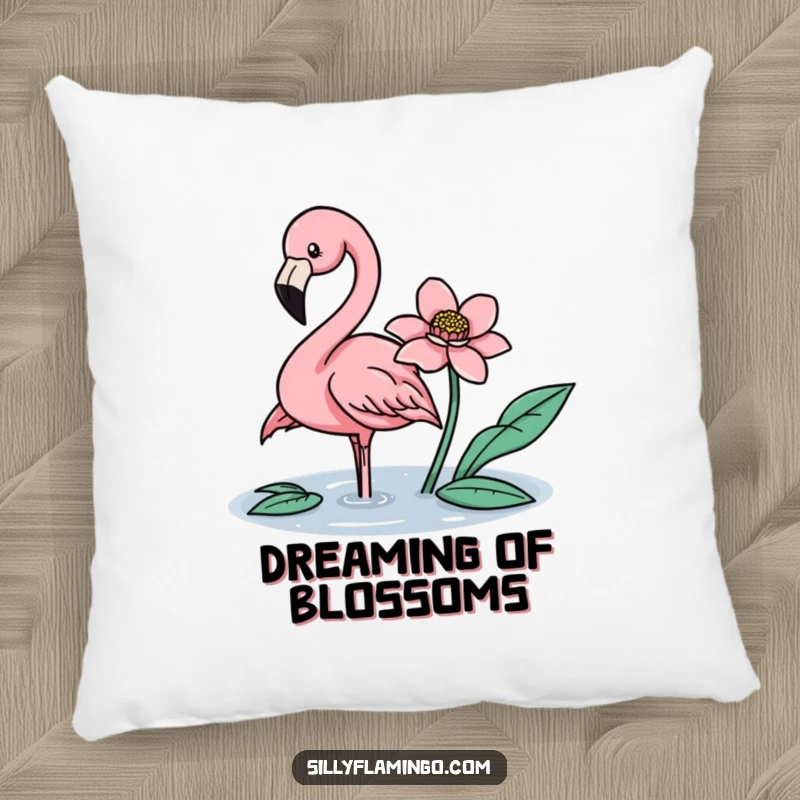 Funny flamingo gently nudging a floating flower with its beak on a soft, decorative pillow.